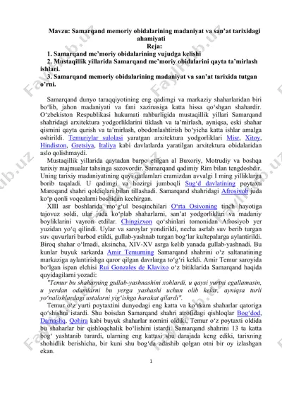 samarqand memoriy obidalarining madaniyat va san’at tarixidagi ahamiyati — DOC