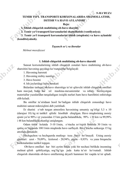 temir yo‘l transporti korxonalarida shamollatish, isitish va havo aylanishi — DOCX