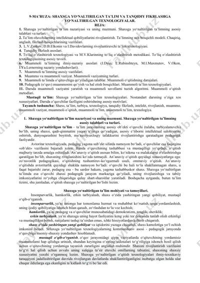 9-ma’ruza: shaxsga yo‘naltirilgan ta’lim va tanqidiy fikrlashga yo‘naltirilgan texnologiyalar — DOCX