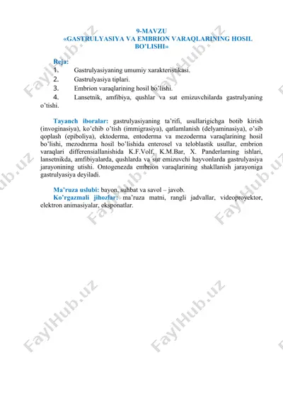 gastrulyasiya va embrion varaqlarining hosil bo'lishi — DOC