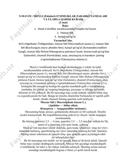 moyli (ekinlari) o’simliklar zararkunandalari va ularga qarshi kurash. — DOCX