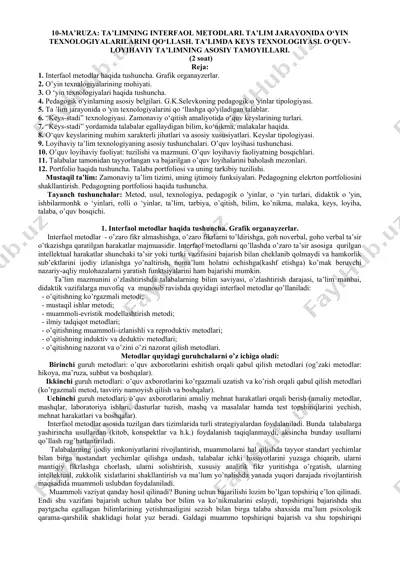 10-ma’ruza: ta’limning interfaol metodlari. ta’lim jarayonida o‘yin texnologiyalarilarini qo‘llash. ta’limda keys texnologiyasi. o‘quv-loyihaviy ta’limning asosiy tamoyillari. — DOCX