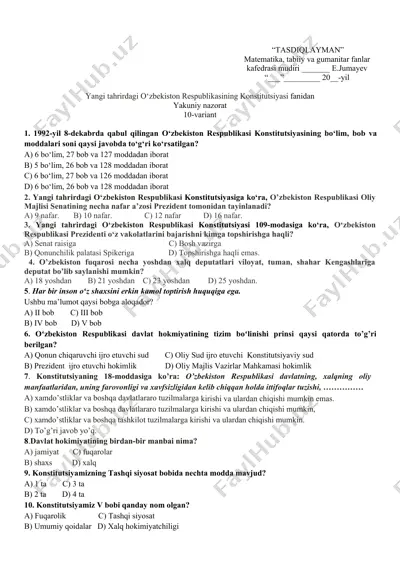 yangi tahrirdagi o‘zbekiston respublikasining konstitutsiyasi fanidan — DOCX