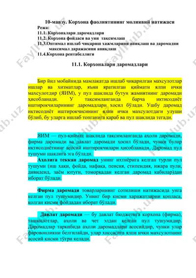 korxona faoliyatining moliyaviy natijasi — DOCX