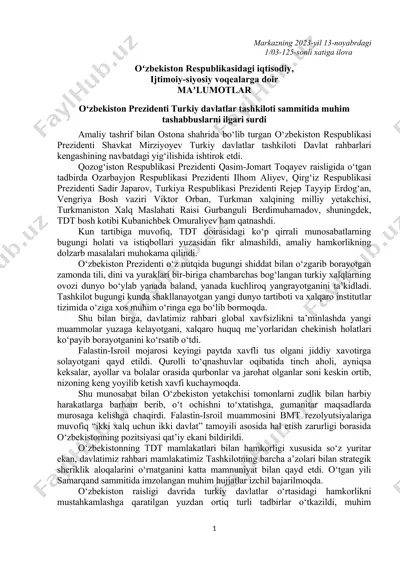 o‘zbekiston prezidenti turkiy davlatlar tashkiloti sammitida muhim tashabbuslarni ilgari surdi — DOCX