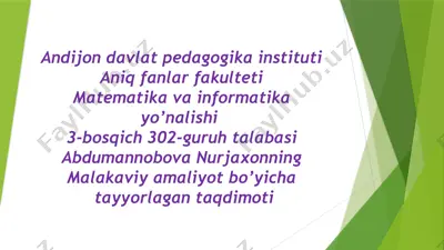 abdumannobova nurjaxonning malakaviy amaliyot bo’yich taqdimoti — PPTX