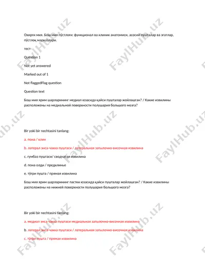 охирги мия. бош мия пўстлоғи: функционал ва клиник анатомиси, асосий пушталар ва эгатлар, пўстлоқ марказлари. — DOC