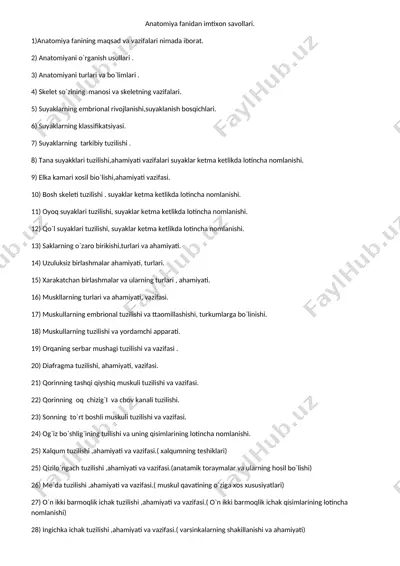 anatomiya fanidan imtixon savollari — DOCX