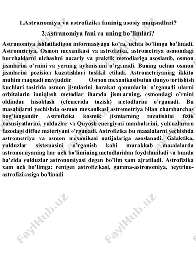 astronomiya va astrofizika fanining asosiy maqsadlari — DOCX