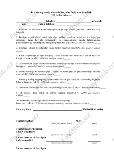 talabaning amaliyot o‘tashi bo‘yicha faoliyatini baholash — DOCX