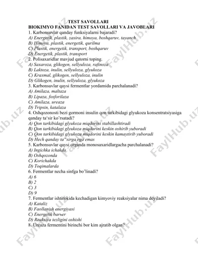 biokimyo fanidan test savollari va javoblari — DOCX