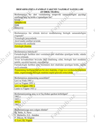 biofarmatsiya fanidan yakuniy nazorat savollari (o’zbek tilida) — DOCX