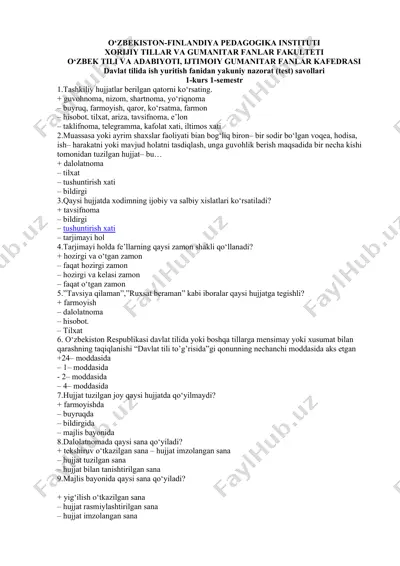 davlat tilida ish yuritish fanidan yakuniy nazorat (test) savollari — DOC