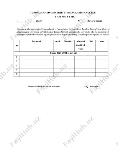 davolash ishi yo‘nalishining farqini topshirishga ruxsat berishga oid farmoyish — DOCX