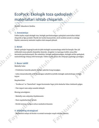 ecopack: ekologik toza qadoqlash materiallari ishlab chiqarish — DOCX