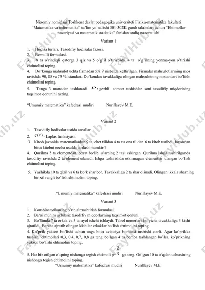 ehtimollar nazariyasi va matematik statistika — DOCX