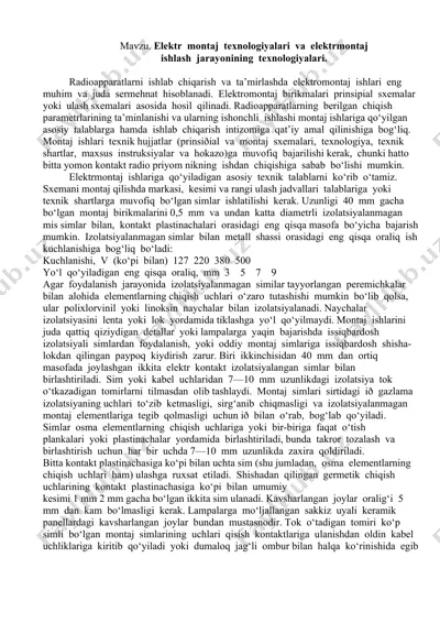 elektr montaj texnologiyalari va elektrmontaj ishlash jarayonining texnologiyalari — DOC