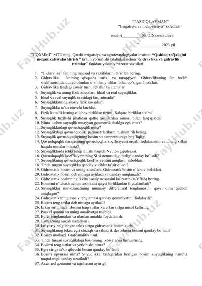 gidravlika va gidravlik tizimlar — DOC