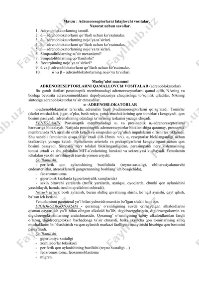 adrenoreseptorlarni qamallovchi vositalar (adrenoblokatorlar) — DOCX