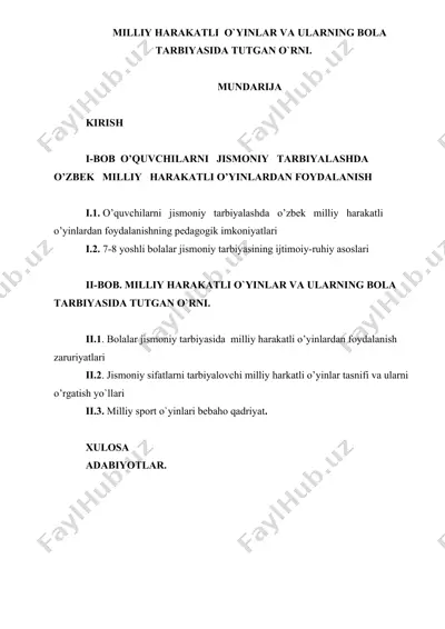 milliy harakatli o'yinlar va ularning bola tarbiyasida tutgan o'rni — DOC