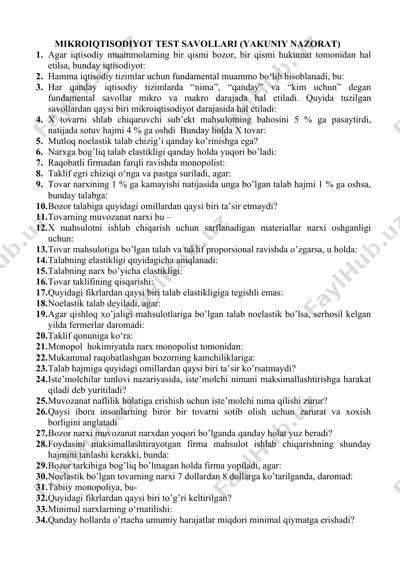 mikroiqtisodiyot test savollari (yakuniy nazorat) — DOCX