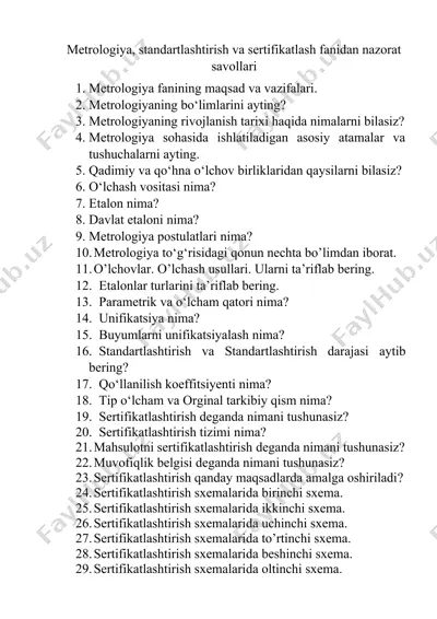 metrologiya, standartlashtirish va sertifikatlash fanidan nazorat savollari — DOCX