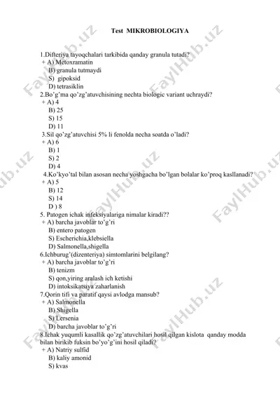 mikrobiologiya test savollari — DOCX