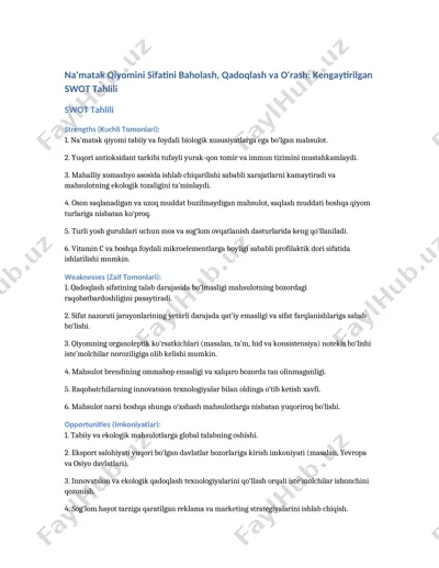 na'matak qiyomini sifatini baholash, qadoqlash va o'rash: kengaytirilgan swot tahlili — DOCX