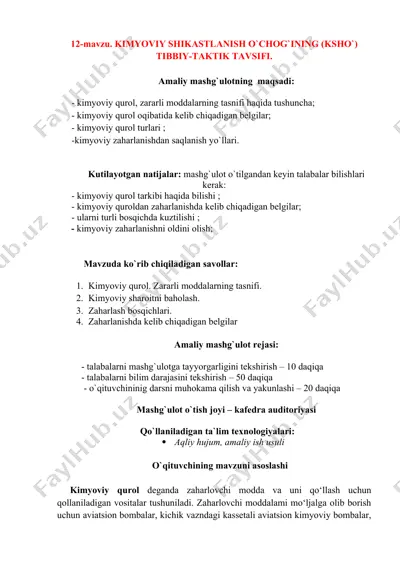 kimyoviy shikastlanish o`chog`ining (ksho`) tibbiy-taktik tavsifi — DOCX