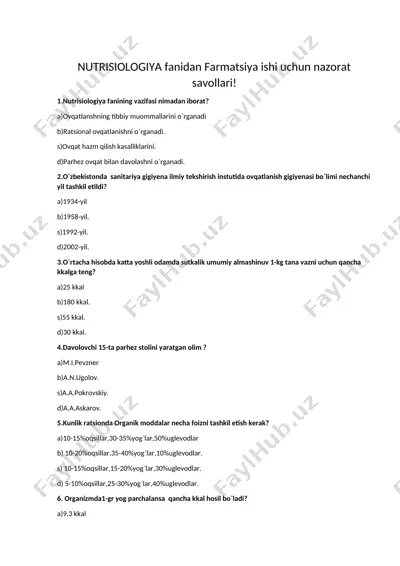 nutrisiologiya fanidan farmatsiya ishi uchun nazorat savollari — DOCX