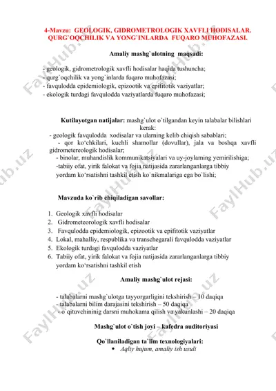 geologik, gidrometrologik xavfli hodisalar. qurg`oqchilik va yong`inlarda fuqaro muhofazasi — DOCX