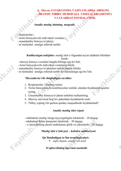 favqulotda vaziyatlarda aholini shaxsiy tibbiy muhofaza  vositalari (shtmv) va ulardan foydalanish — DOCX