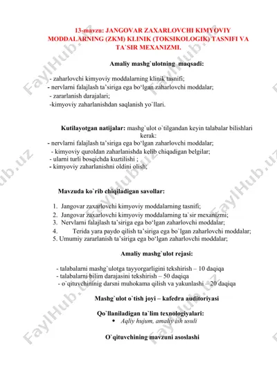 jangovar zaxarlovchi kimyoviy moddalarning (zkm) klinik (toksikologik) tasnifi va ta'sir mexanizmi — DOCX