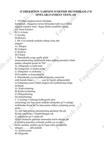 o'zbekiston tarixini o’qitish metodikasi (7-8 sinflar) fanidan testlar — DOCX