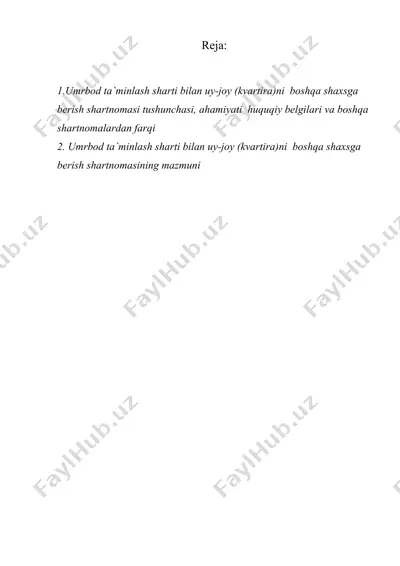umrbod ta`minlash sharti bilan uy-joy (kvartira)ni boshqa shaxsga berish shartnomasi — DOC