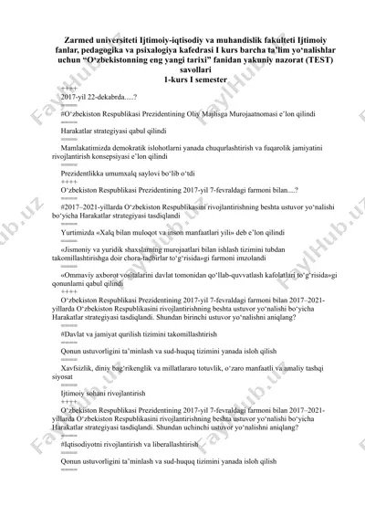 "o‘zbekistonning eng yangi tarixi" fanidan yakuniy nazorat (test) savollari — DOCX