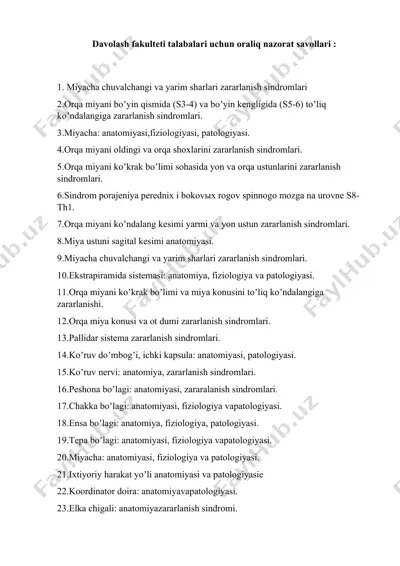 davolash fakulteti talabalari uchun oraliq nazorat savollari — DOCX