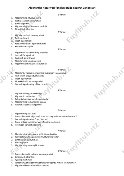 algoritmlar nazariyasi fanidan oraliq nazorat variantlari — DOCX