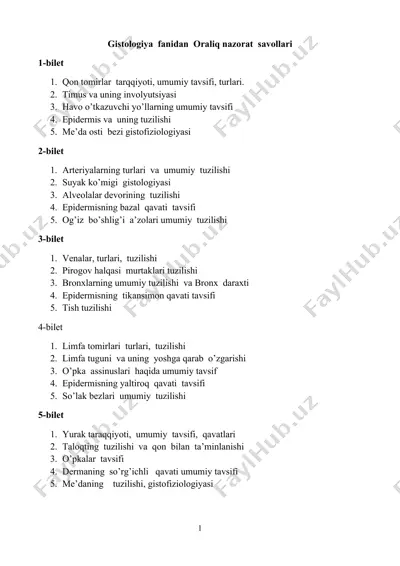 gistologiya fanidan oraliq nazorat savollari — DOCX