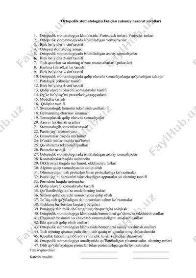 ortopedik stomatologiya fanidan yakuniy nazorat savollari — DOCX