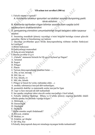 yb uchun test savollari (500 ta) — DOC