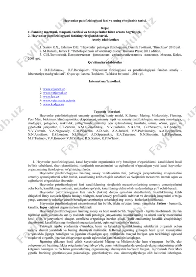 hayvonlar patofiziologiyasi fani va uning rivojlanish tarixi — DOC