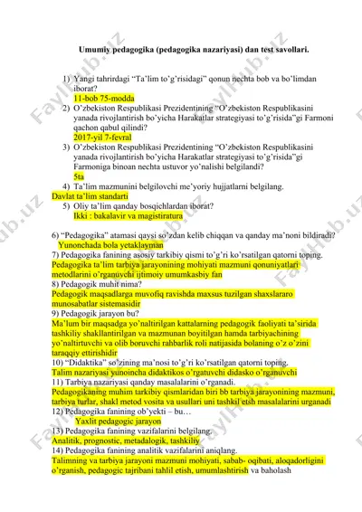 umumiy pedagogika (pedagogika nazariyasi) dan test savollari — DOCX