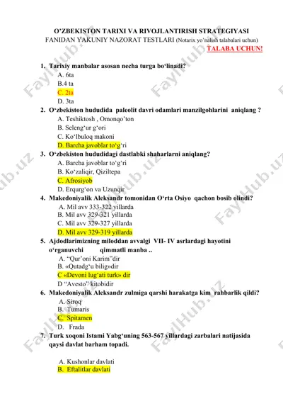 o’zbekiston tarixi va rivojlantirish strategiyasi fanidan yakuniy nazorat testlari (notarix yo’nalish talabalari uchun) — DOC