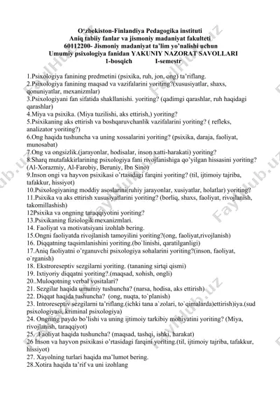 umumiy psixologiya fanidan yakuniy nazorat savollari — DOCX