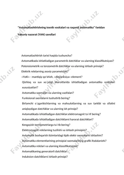 avtomatlashtirishning texnik vositalari va raqamli avtomatika — DOCX
