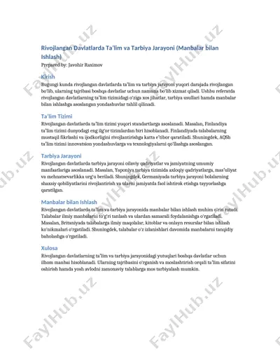 rivojlangan davlatlarda taʼlim va tarbiya jarayoni (manbalar bilan ishlash) — DOCX