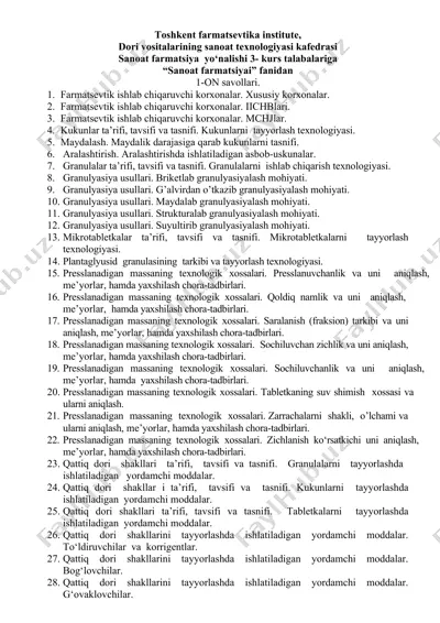 toshkent farmatsevtika institute dori vositalarining sanoat texnologiyasi kafedrasi — DOC