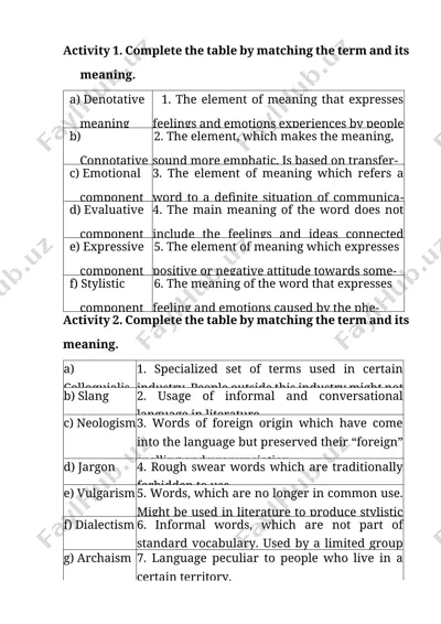 language terminology matching activity — DOCX