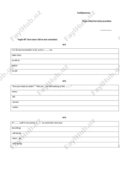 ingliz tili uchun 100 ta test variantlari — DOCX